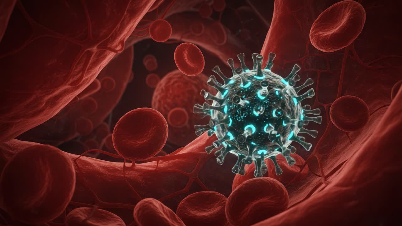 An Intricate Close-Up View of a Virus Interacting Within the Human Bloodstream, Surrounded by Red Blood Cells under a Microscopic Lens