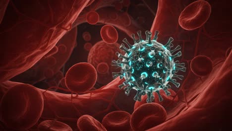 an intricate close-up view of a virus interacting within the human bloodstream, surrounded by red blood cells under a microscopic lens