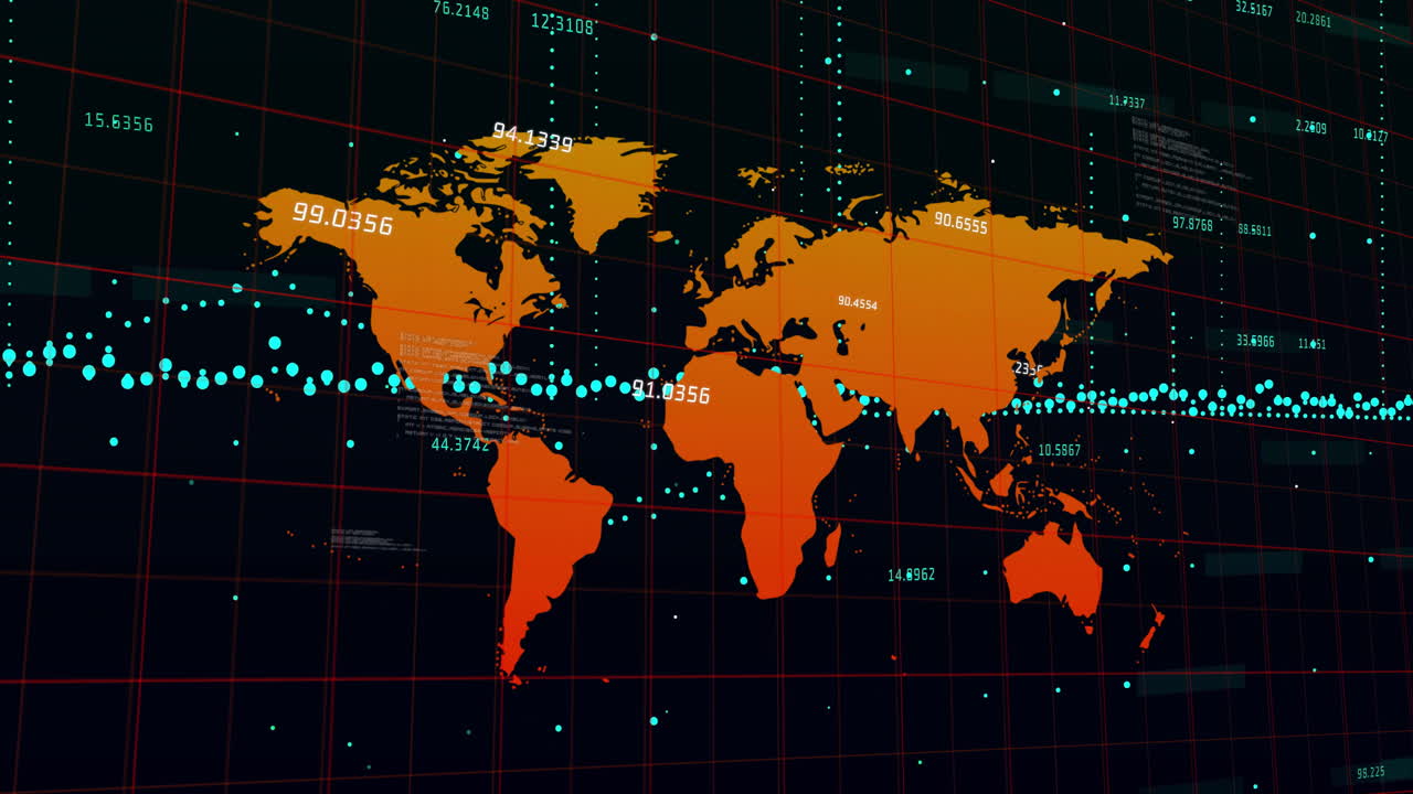 Numerical data and digital grid overlay on world map animation in school