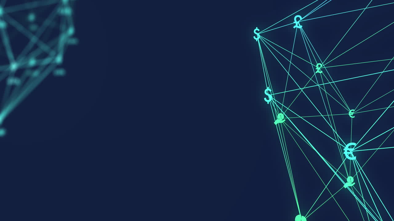 animación de globos de iconos financieros girando y procesamiento de datos financieros contra un fondo azul