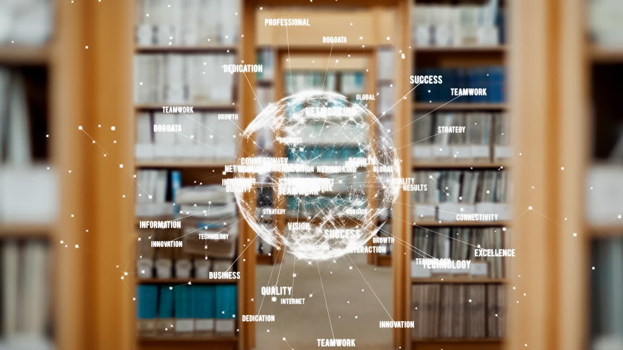 animación de un globo girando contra el fondo de la biblioteca