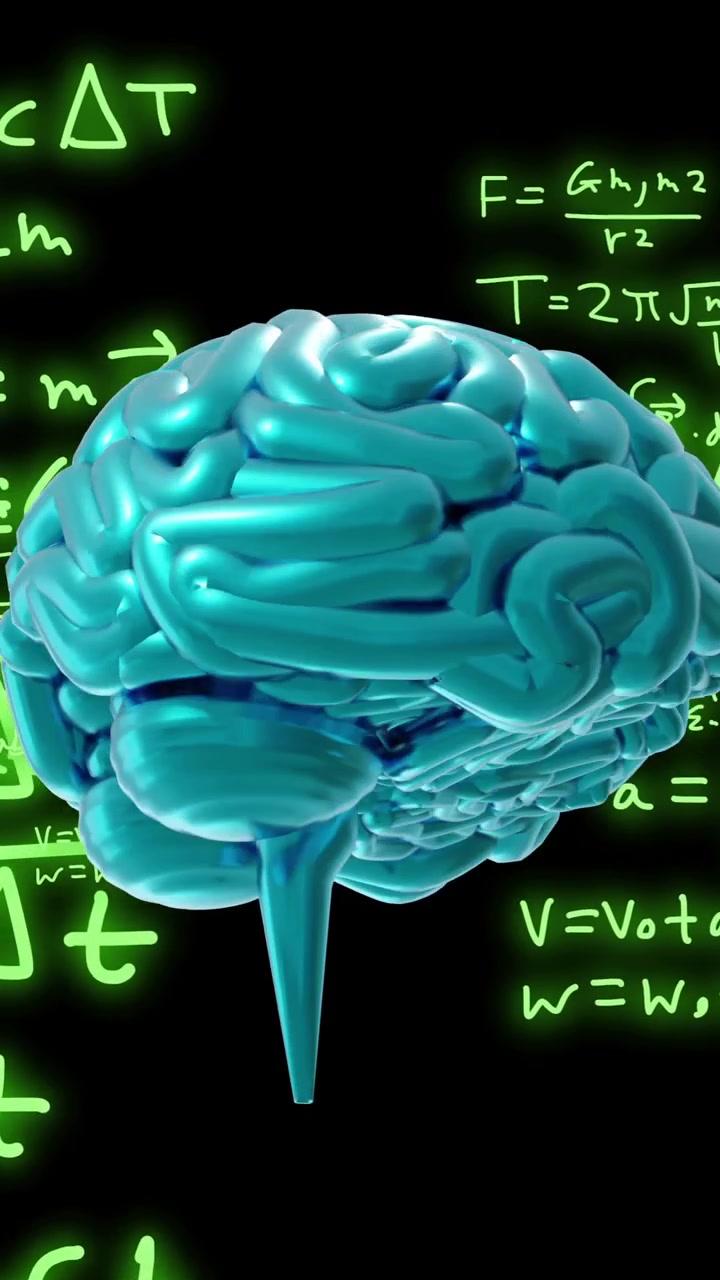 Animation of brain and scientific data processing over black background