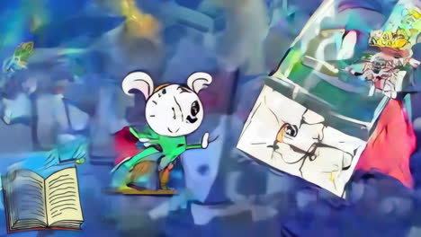 cartoon images with books, clocks, and fruits