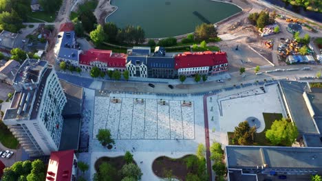 Overview-of-the-Newly-Renovated-Historic-Old-Town-and-Senvage-of-Panevezys-Lithuania---Panning-Overhead-Shot