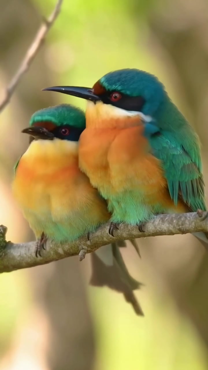 Due colorati gruccioni appollaiati insieme su un ramo