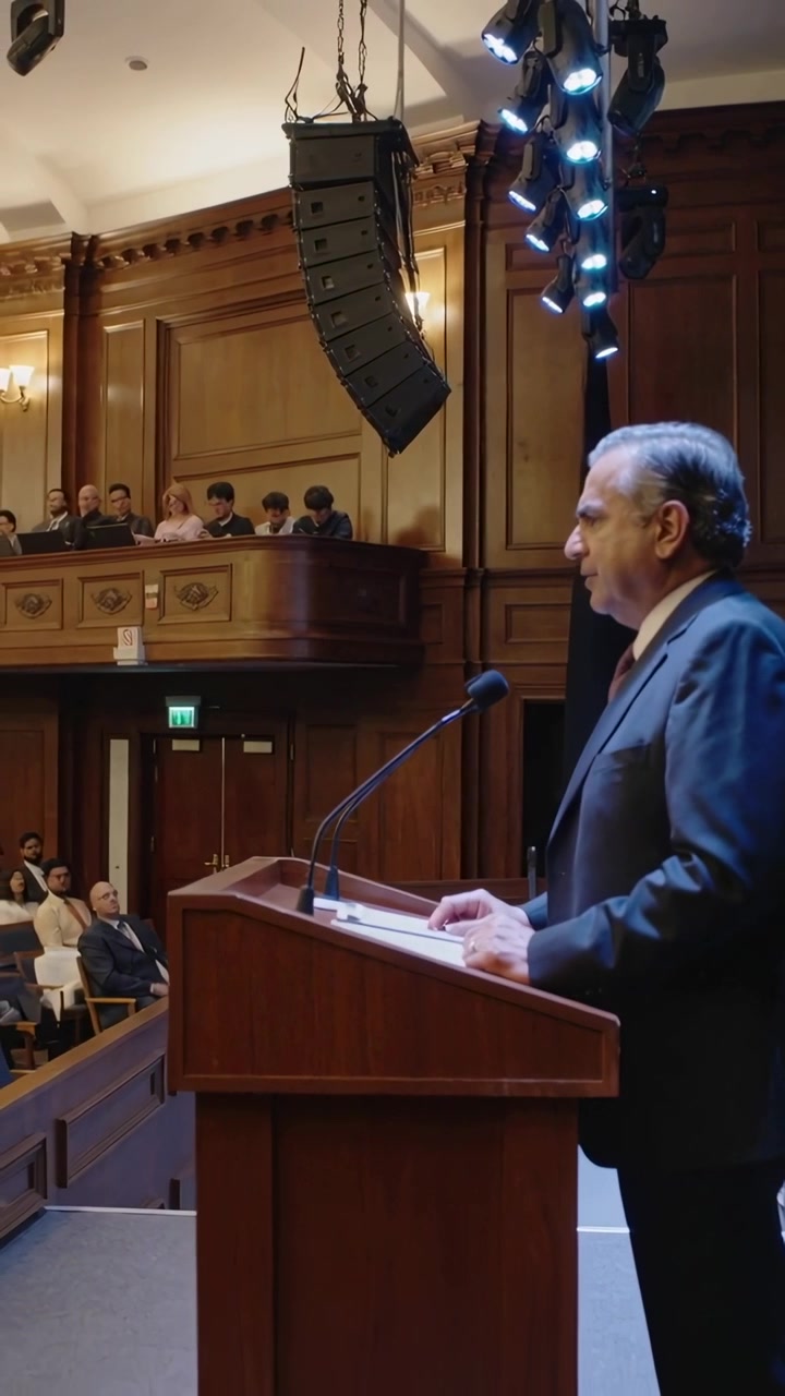 Vertical video: Lights cueing speaker in suit giving address at podium in hall into mic, copy space