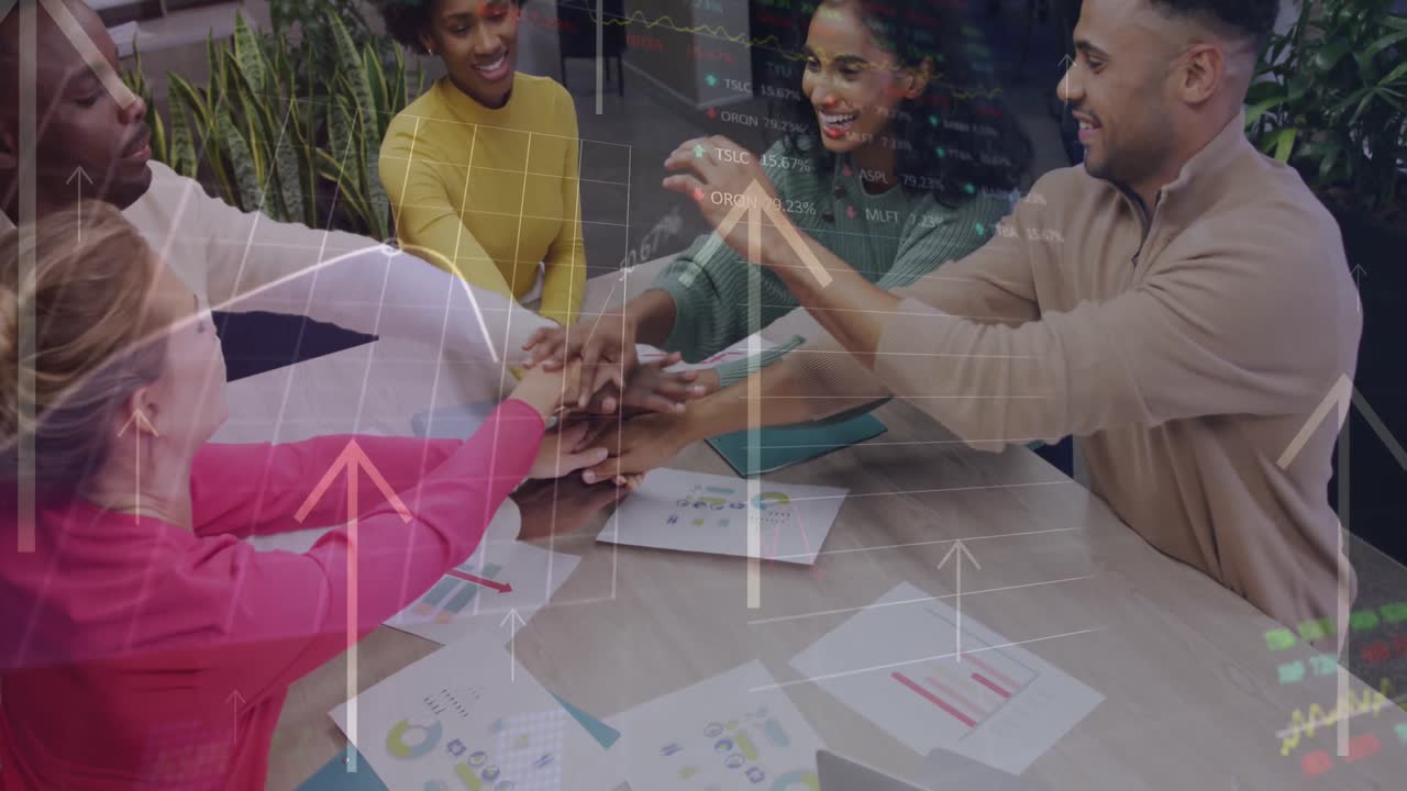Animation of stock market data processing over diverse colleagues stacking their hands together