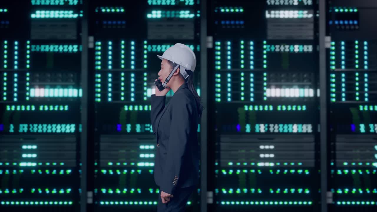 Side View of Asian Businesswoman Talking On Smartphone While Walking in Server Room Data Center