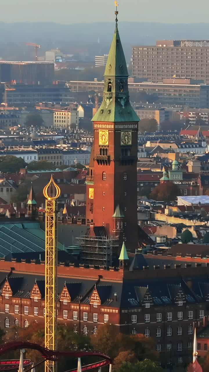 Aerial drone view of the City Hall in Copenhagen, Denmark in daylight.Vertical
