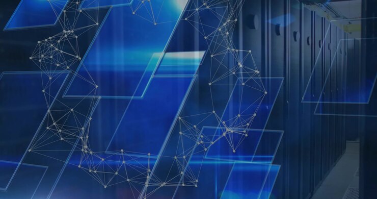 Animation of moving shapes over server room