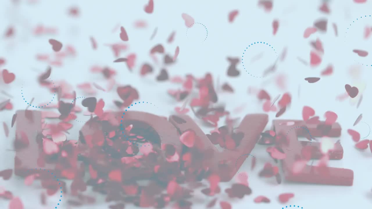 여러 개의 심장 위에 떠다니는 여러 개의 박자 아이콘이 사랑의 텍스트 위에 떨어집니다.