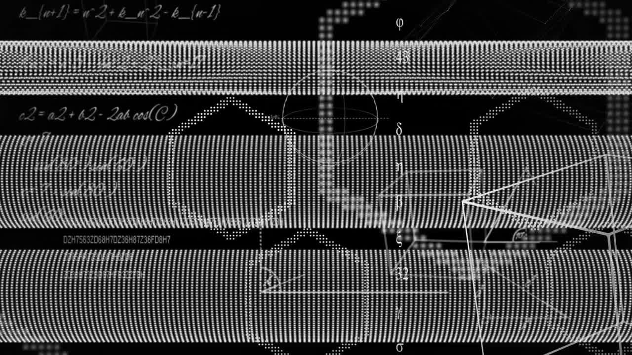 animación de fórmulas científicas escritas a mano y múltiples formas geométricas