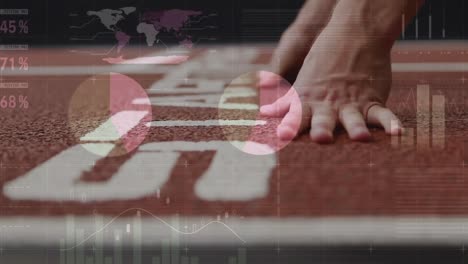 Animation of statistics processing over male runner&#039;s hands on starting line of racing track