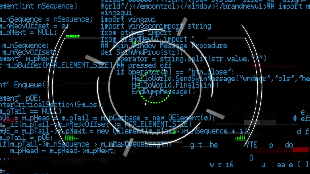 Animation of data processing and scope scanning over black background