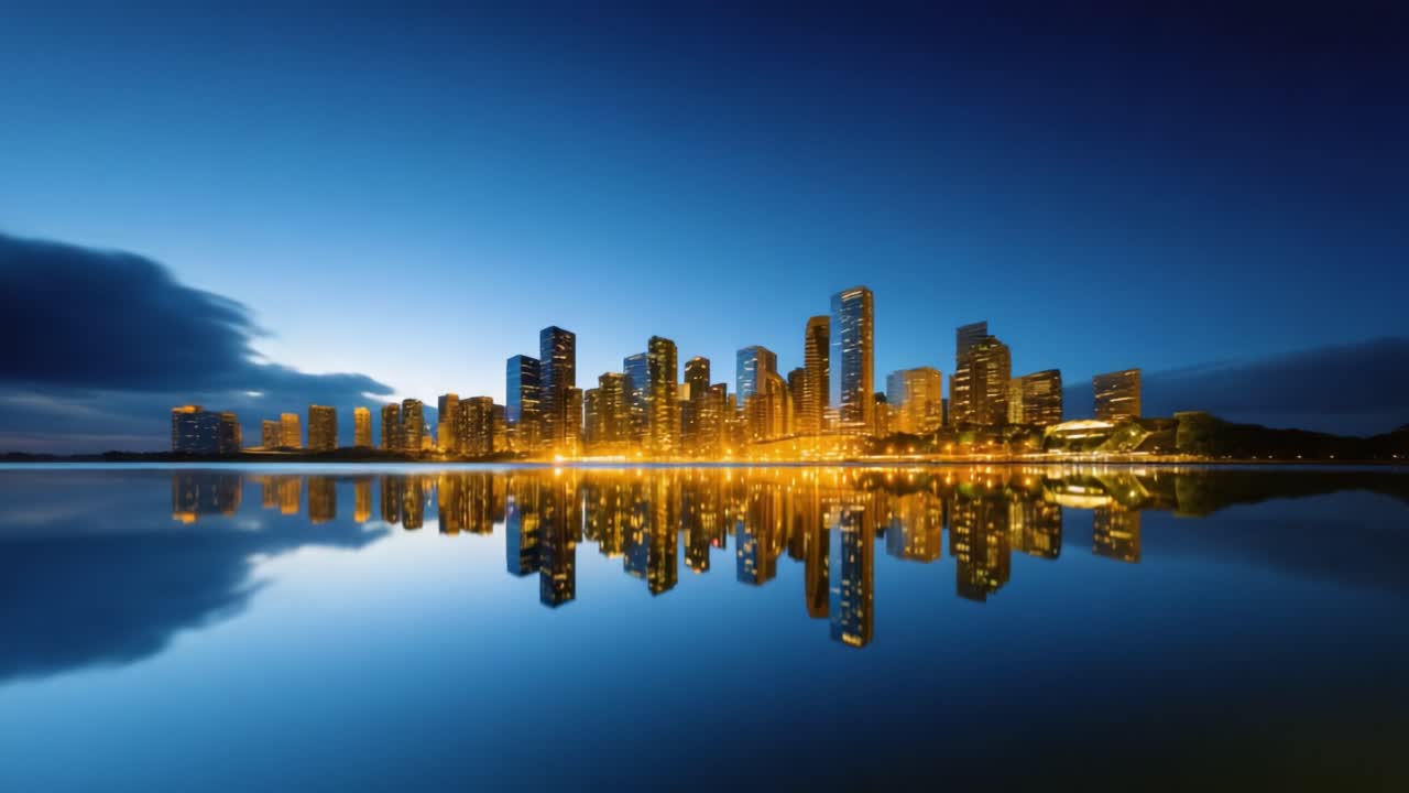 Transformação deslumbrante do horizonte ao entardecer, refletindo brilhantemente na água, mostrando arranha-céus iluminados contra um vibrante plano de fundo azul e dourado ao crepúsculo