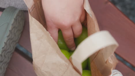 picking fresh green apples from a paper bag