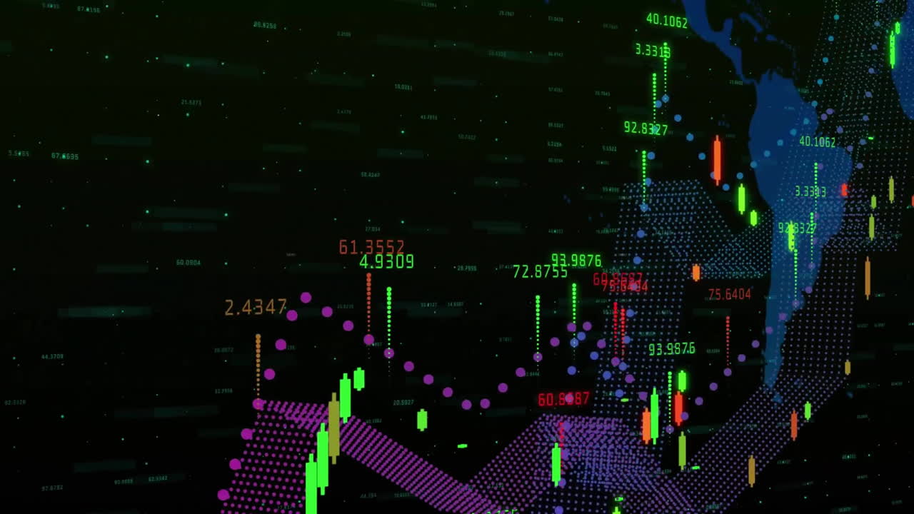 animación del procesamiento de datos sobre el mapa del mundo sobre un fondo oscuro