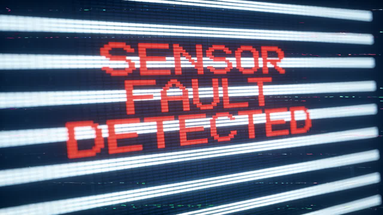 Showing monitor red SENSOR FAULT DETECTED after sensor fault, with white bars and pixel noise