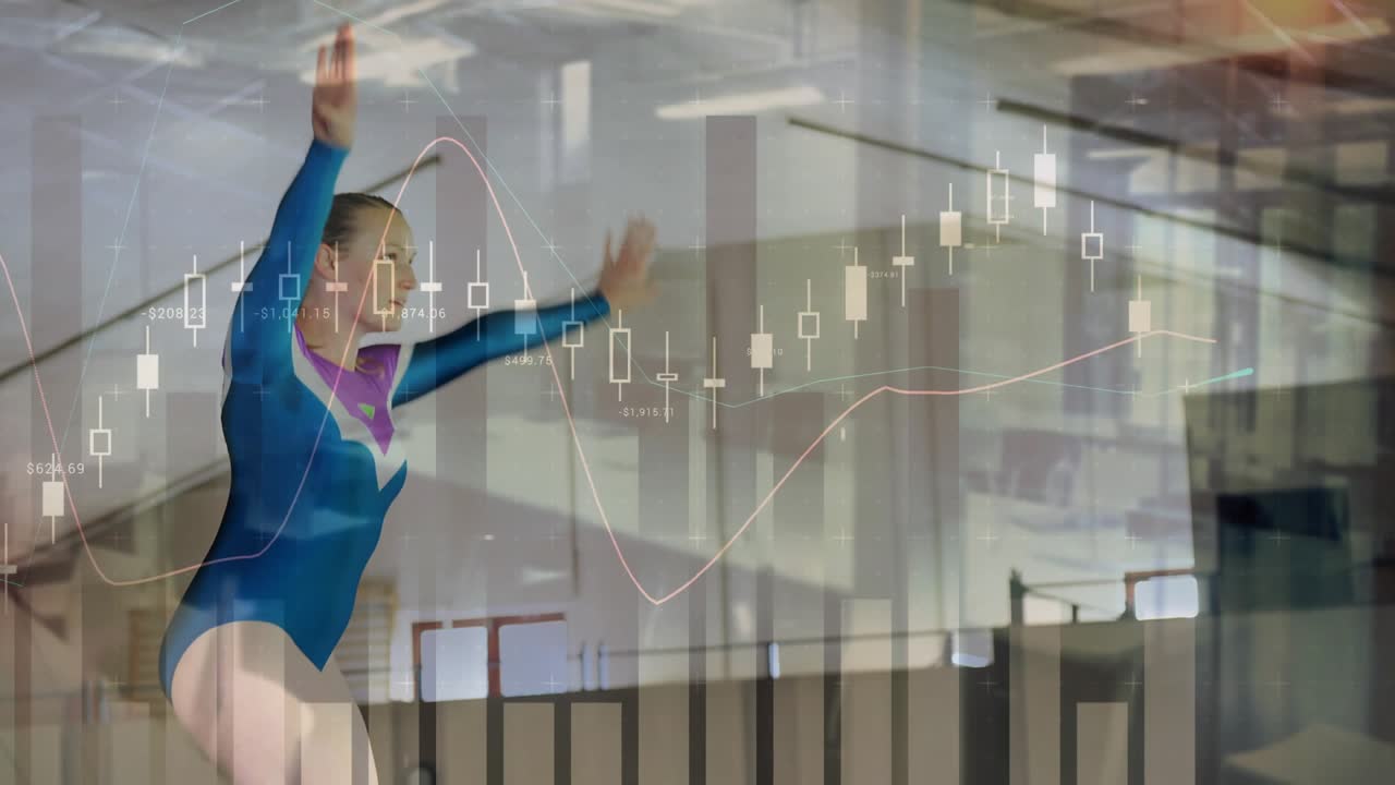 Gymnast shifting weight and initiating tuck jump on beam, finance charts overlaying scene to finish
