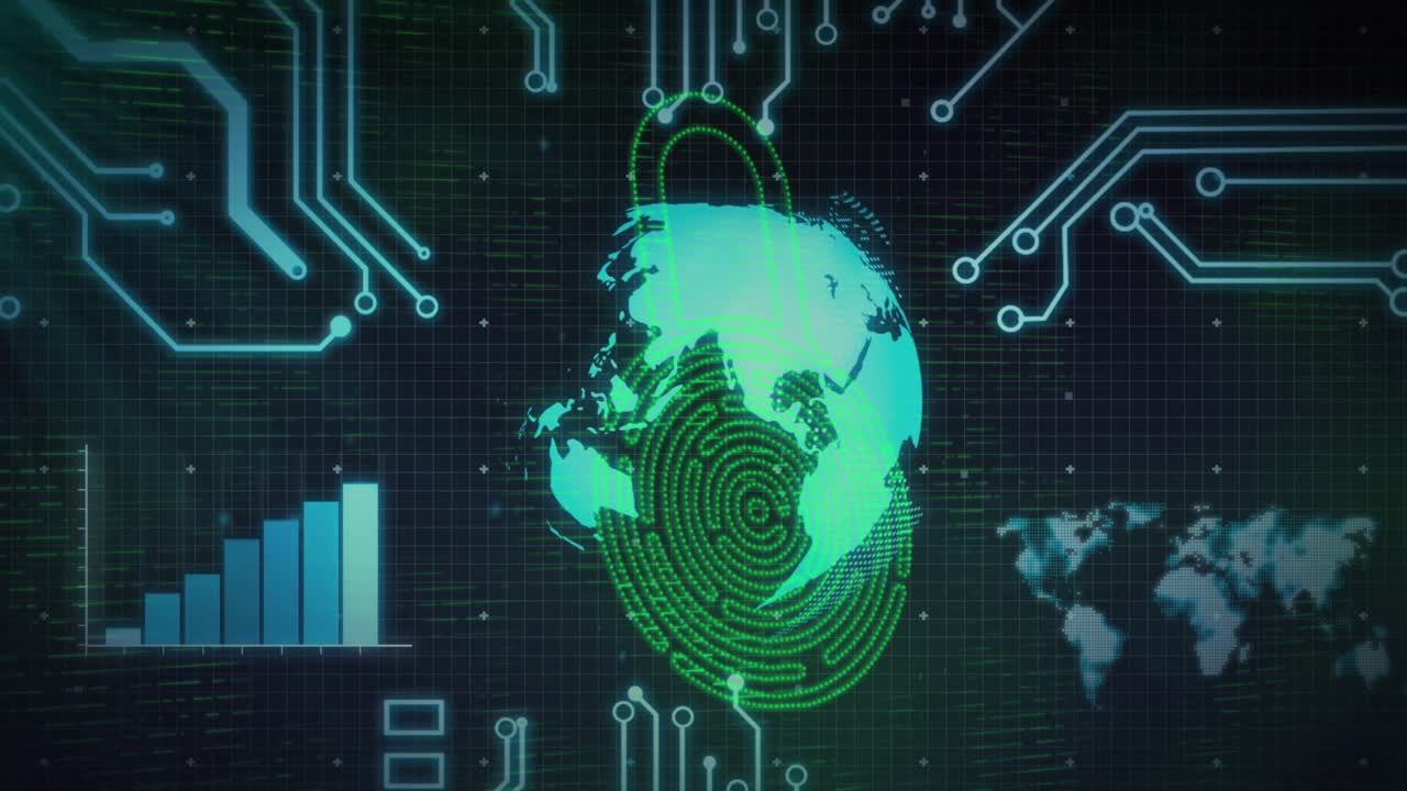 Grid filling globe forming traces converging lock pulsing fingerprint swirling securing data