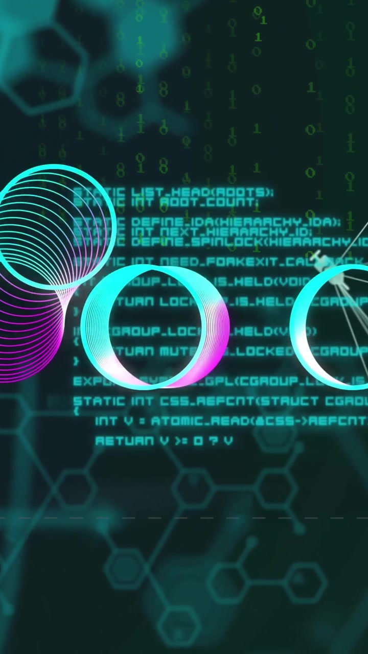 Animazione di motivi esagonali e codice binario, elaborazione dati su sfondo scientifico