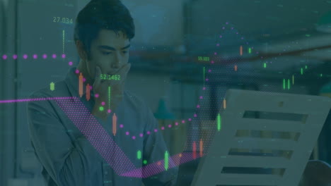 Analyzing-stock-market-data,-man-with-hand-on-chin,-financial-chart-animation