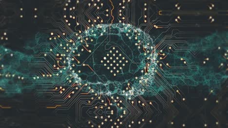 animation of digital brain over computer circuit board on black background