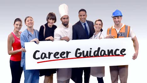 Various-professional-holding-placard-of-career-guidance-text