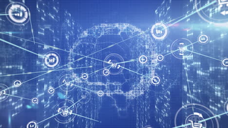 animation of network of connection with icons over data processing