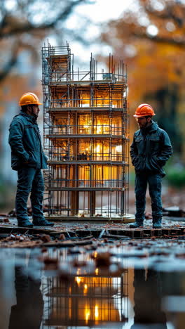 construction workers observing scaffolding structure in urban setting