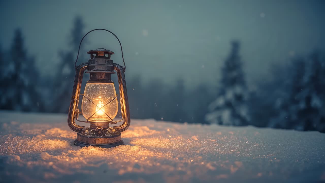 Lanterna di metallo antica tremolante lasciata sulla neve al crepuscolo, prima inquadratura che proietta una calda luce, spazio per il testo