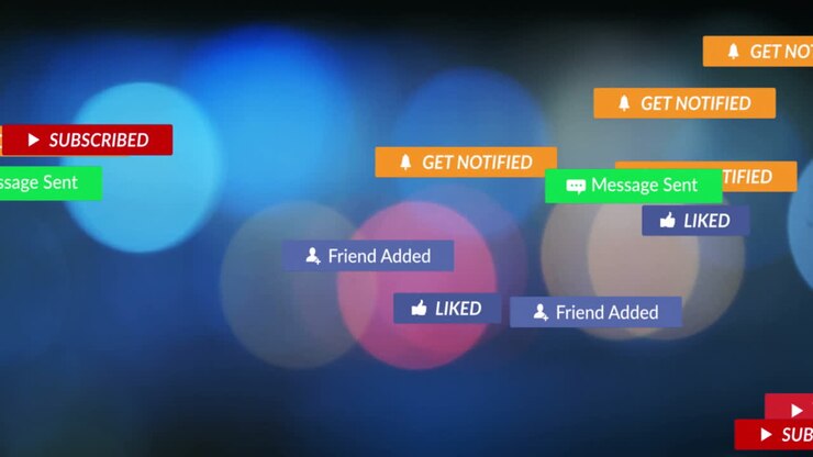Notifikasi media sosial mengambang melayang melintasi antarmuka digital bokeh buram dalam desain datar.
