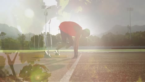 Animation-Von-Blättern-über-Einem-Behinderten-Afroamerikanischen-Männlichen-Läufer