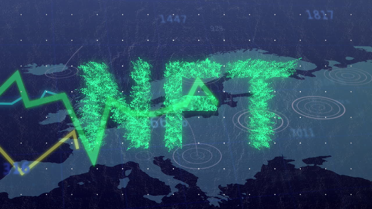 animación de gráficos y banner de texto nft sobre un mapa del mundo contra un fondo azul