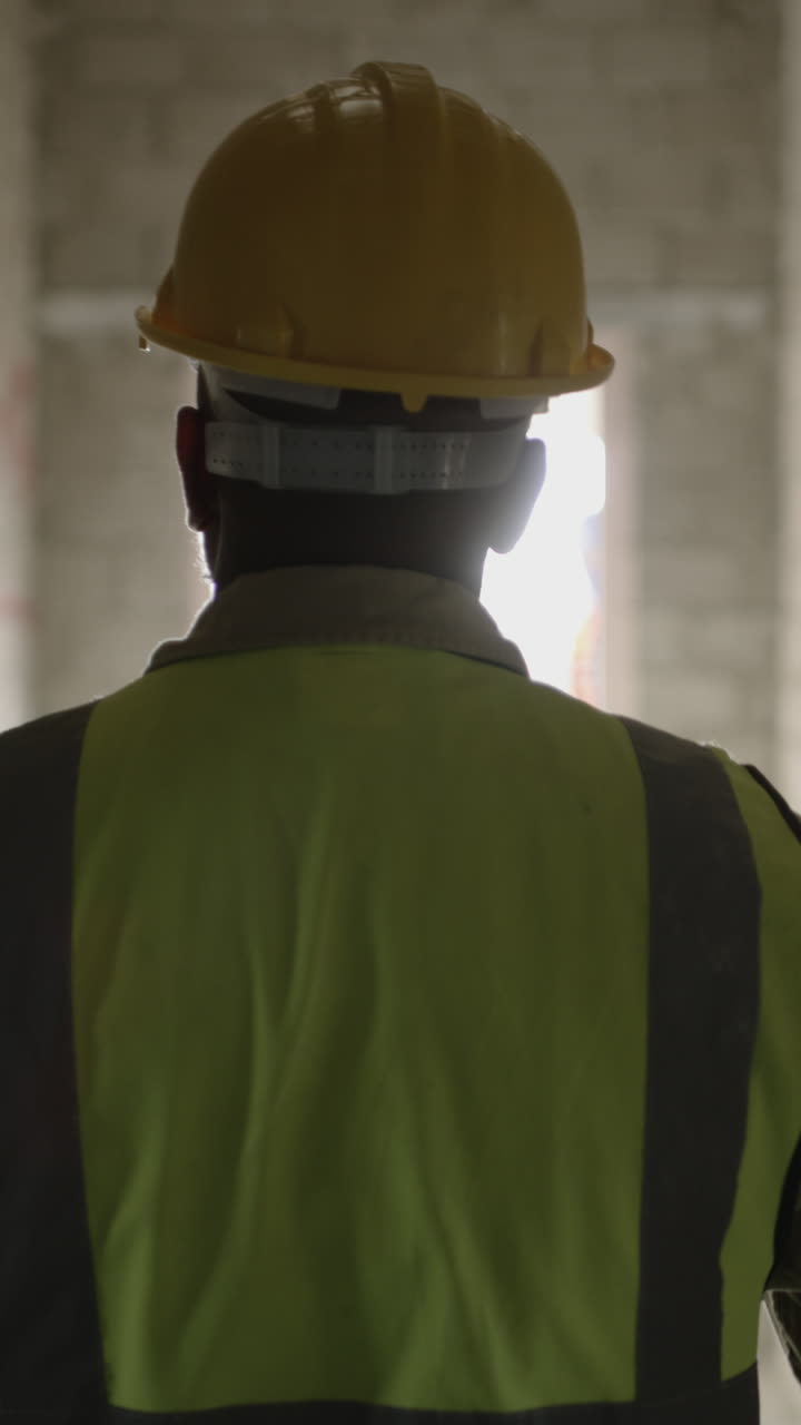 Operaio edile con cappello che cammina attraverso un corridoio dell'edificio