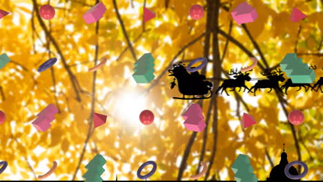 animation of shapes and santa claus with reindeer over trees