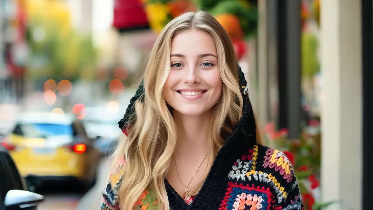 다채로운 스웨터를 입은 여자가 카메라에 미소 짓고 있다