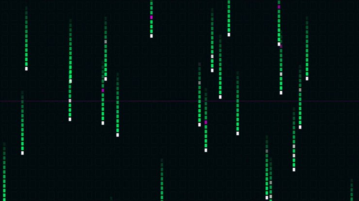 Digital Data Streams with Moving Horizontal Bars on Dark Grid Background