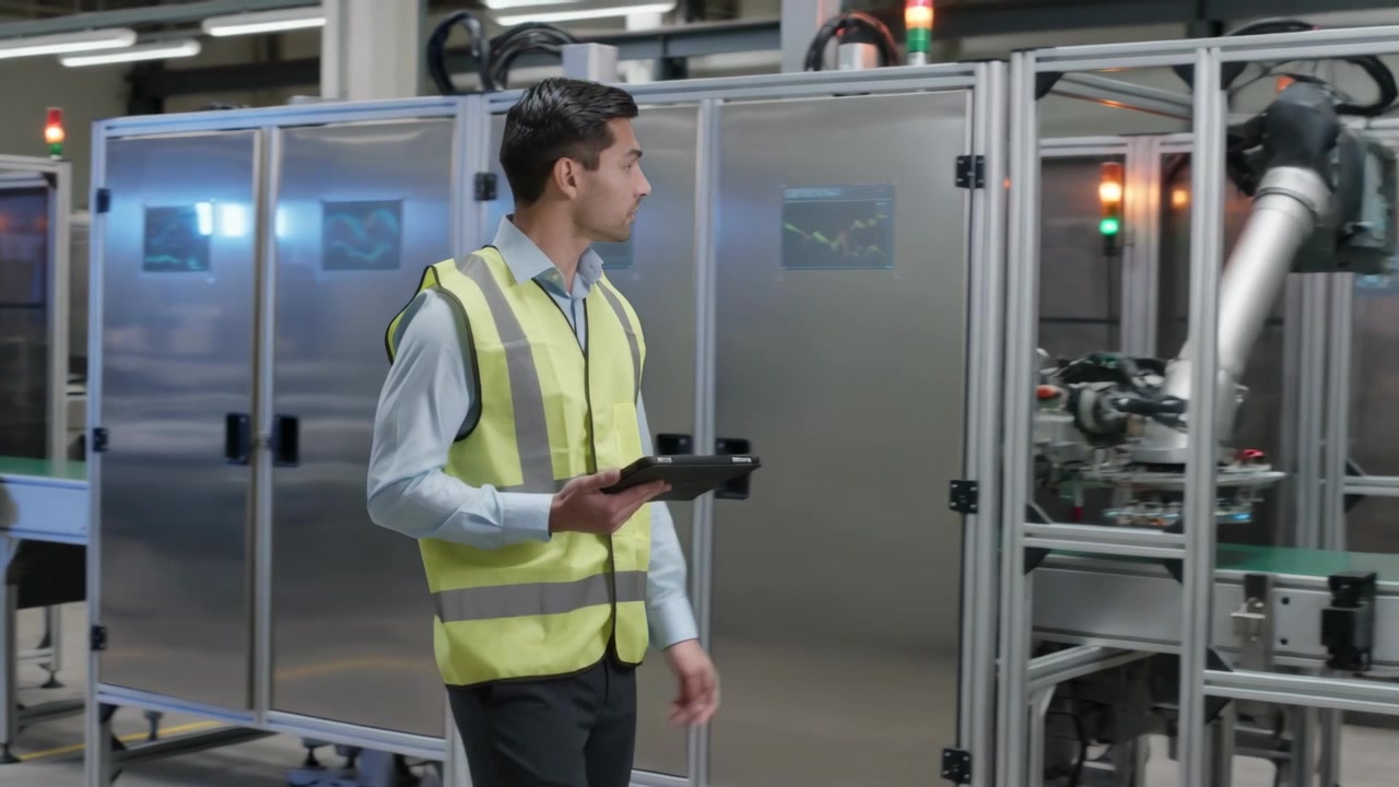 Noticing robot movement, factory tech in hi-vis walking plant, tapping tablet, monitoring robot