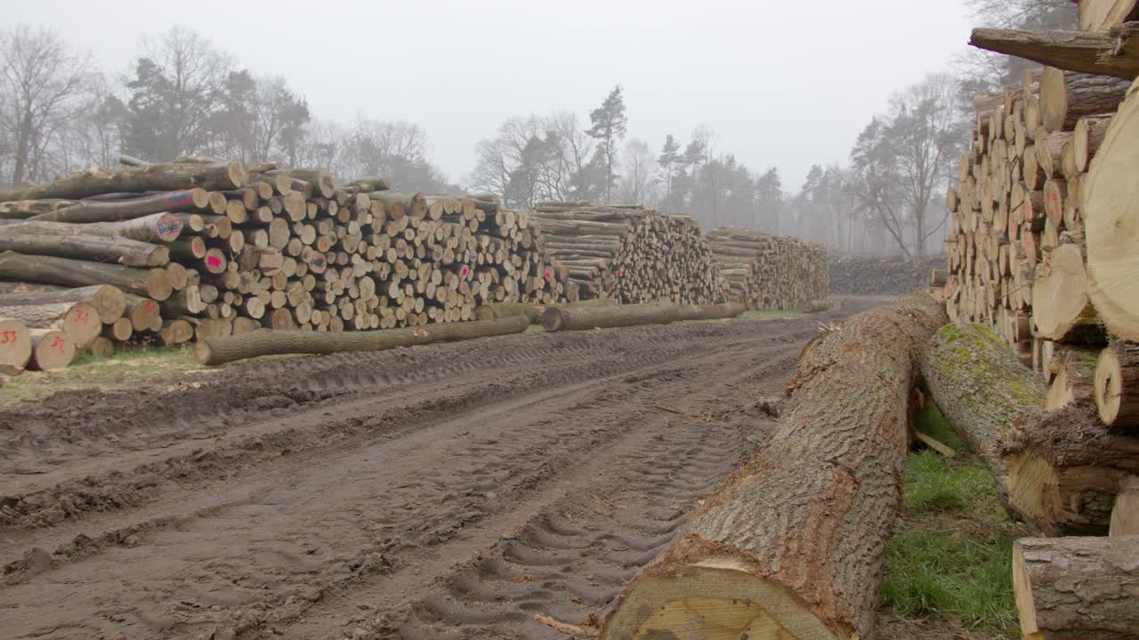 A large piles of cut logs lie on a mud meadow. Tire tracks are visible on earth. A heavy storm caused massive damage to the forest.