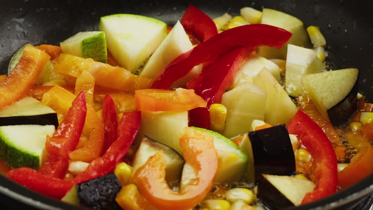 Close-Up of Mixed Vegetables Cooking in a Frying Pan