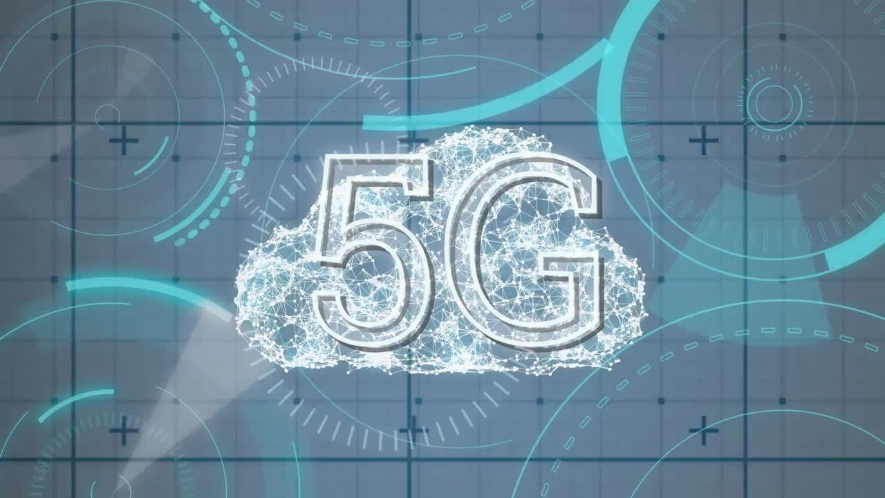 nuvola digitale dietro 5g scritta nel mezzo di un cerchio futuristico