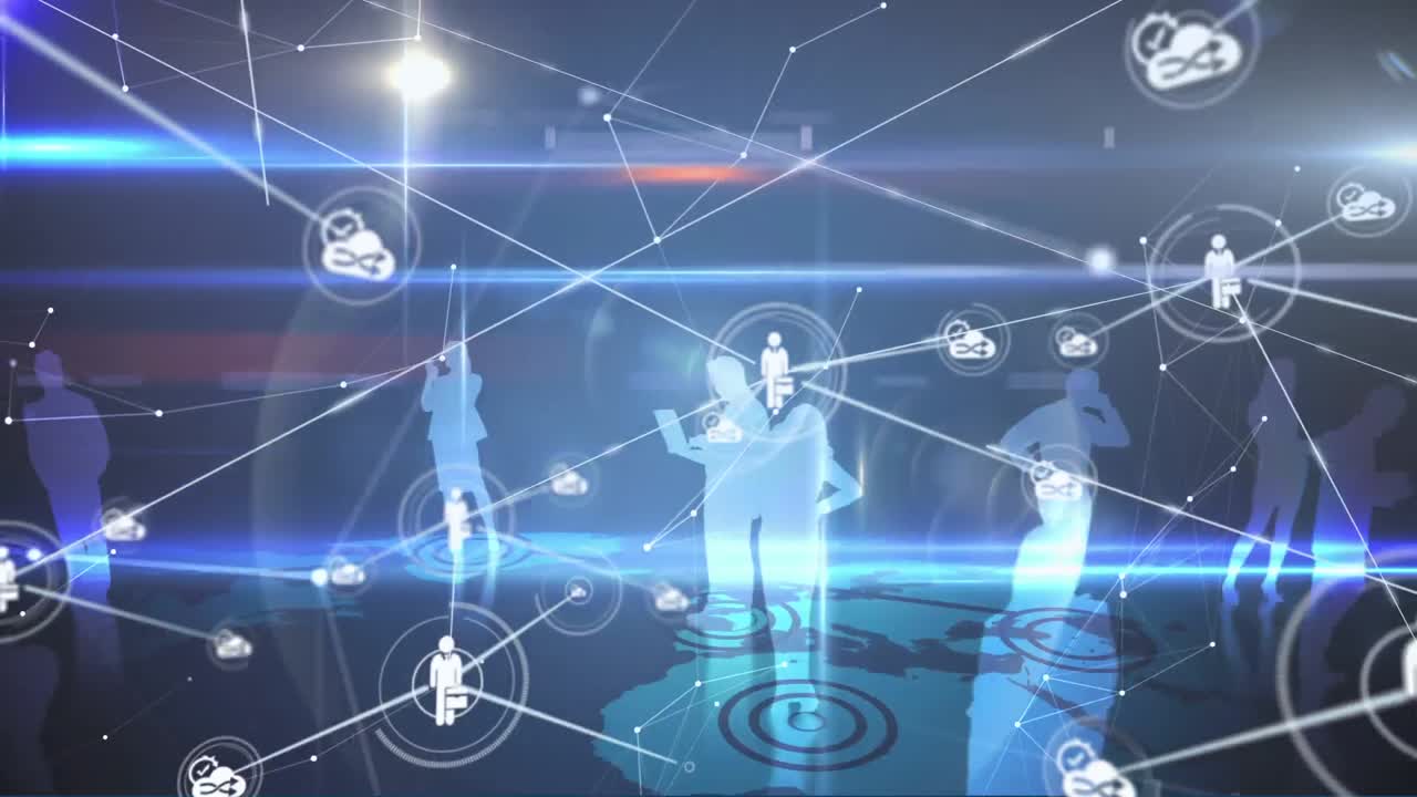 Animation of blue silhouettes of business people and network connection