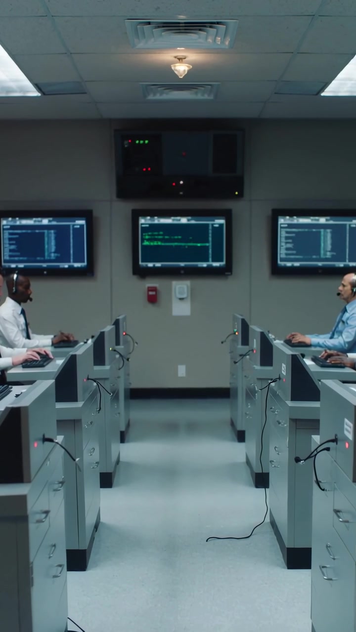 Vertical video: Camera starting techs typing in headsets shirted in control room checking monitors