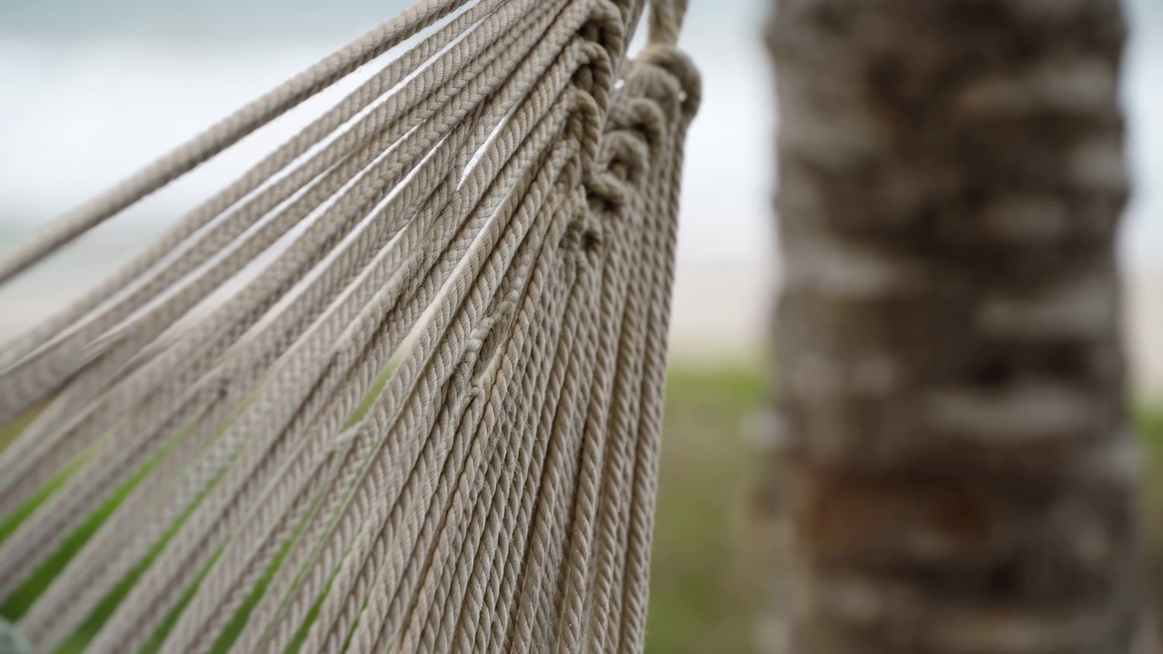 Primer plano detallado de una hamaca de cuerda de fibra natural con lazos anudados y cordones trenzados, suspendida y en ángulo diagonal desde un tronco de palmera junto a un/una borroso/a