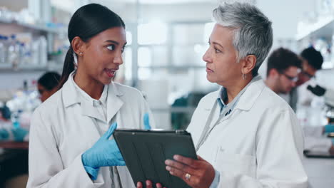 Science-staff,-tablet-and-women-conversation