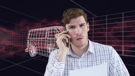 animación de un hombre de negocios caucásico usando un teléfono inteligente sobre un modelo de dibujo 3d de furgoneta y cuadrícula