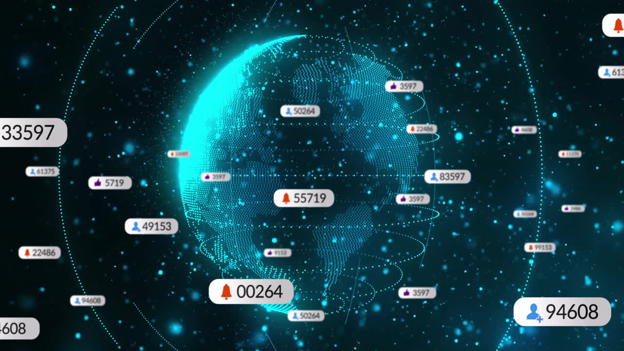 Animation of media icons over globe and shapes