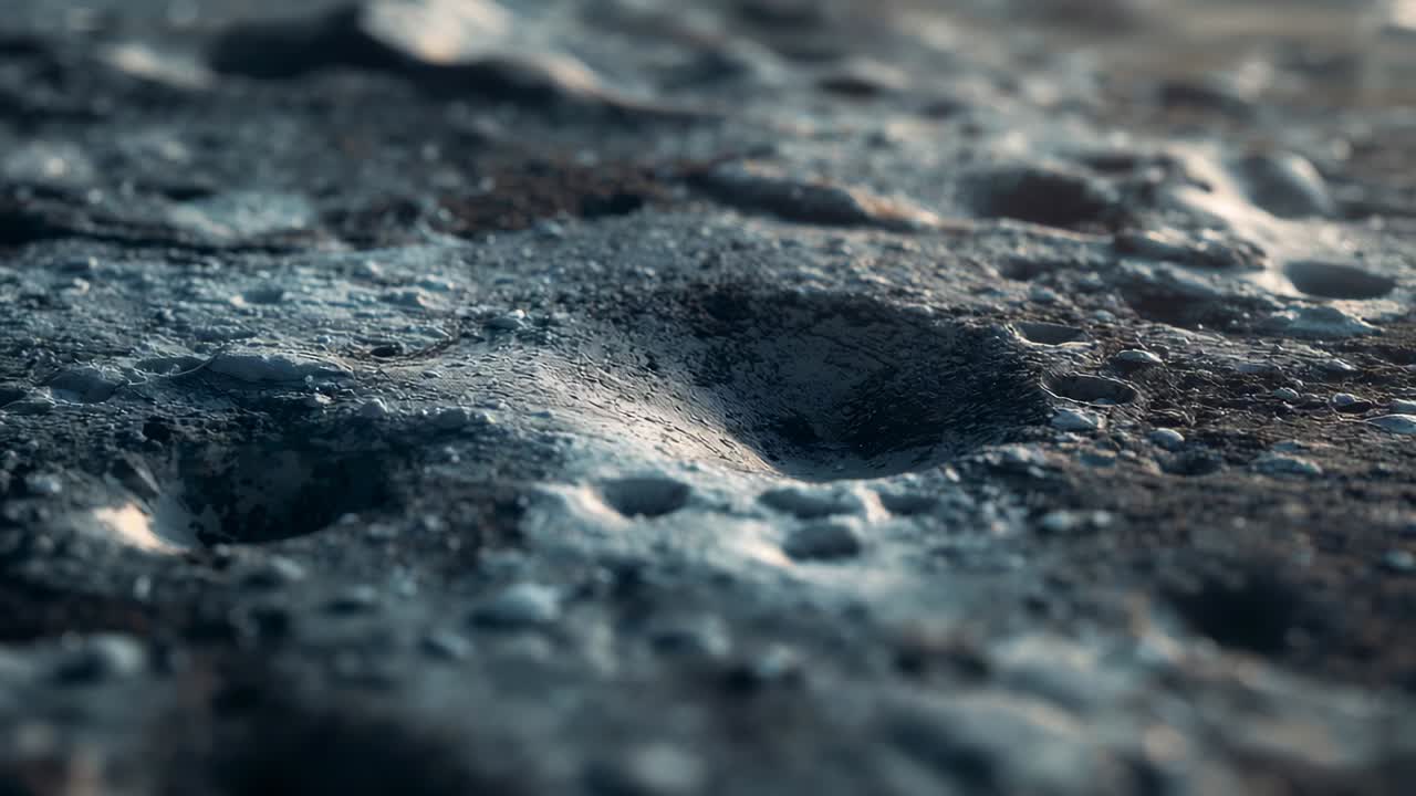 After two frames, camera tracking over cratered rocky terrain, revealing micro-craters