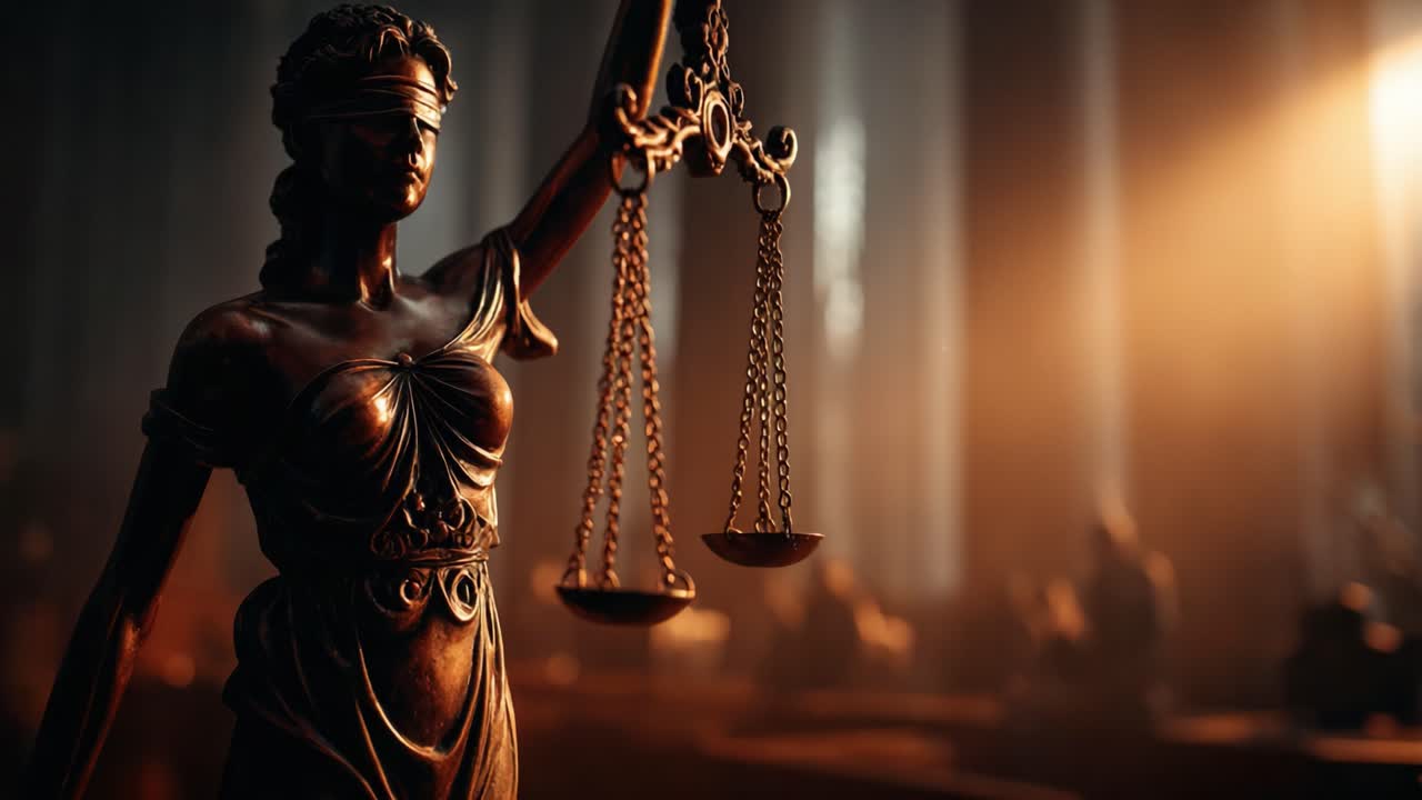Symbolizing Justice: A Captivating Representation of the Lady Justice Statue, Blindfolded and Holding Scales in a Dramatic, Dimly Lit Courtroom Setting